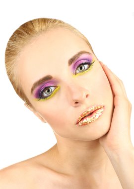 güzel bir kadın ile üzerine beyaz izole, parlak bir makyaj