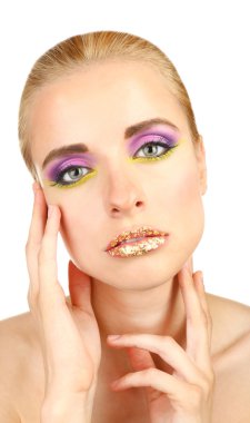 güzel bir kadın ile üzerine beyaz izole, parlak bir makyaj