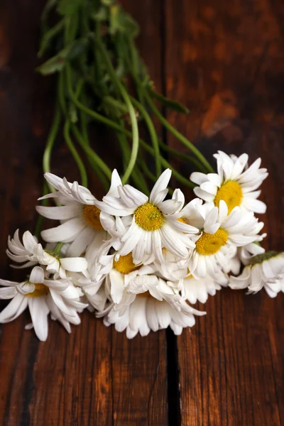 Beautiful bouquet of daisies on wooden background — Stock Photo, Image