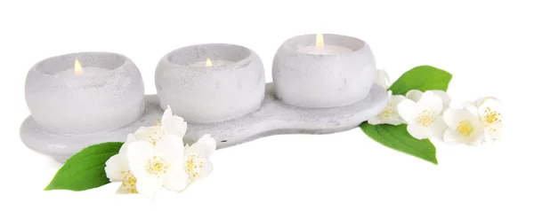 Candles with jasmine flowers isolated on white — Stock Photo, Image