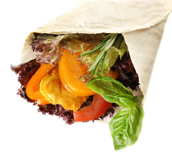 Veggie wrap filled with chicken and fresh vegetables isolated on white — Stock Photo, Image