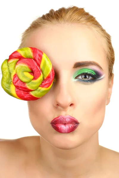 Beautiful woman with colorful lollipop, isolated on white — Stock Photo, Image