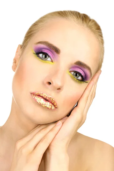 Vacker kvinna med ljusa make-up, närbild — Stockfoto