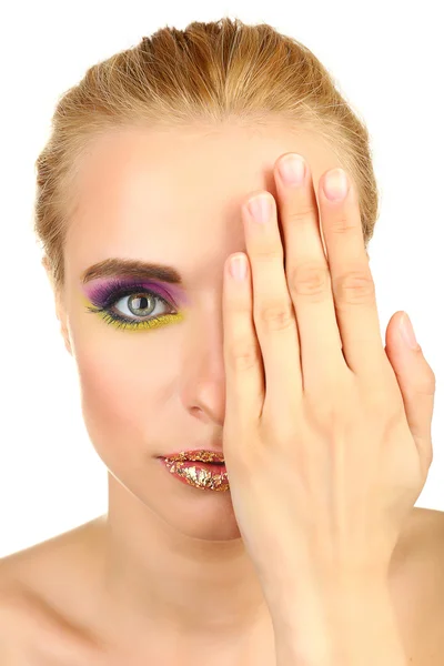 Bella donna con trucco luminoso, isolato su bianco — Foto Stock