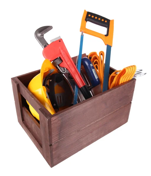 Wooden box with different tools, isolated on white — Stock Photo, Image