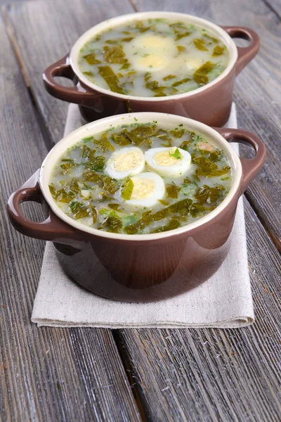 Delicious green soup with sorrel on table close-up — Stock Photo, Image