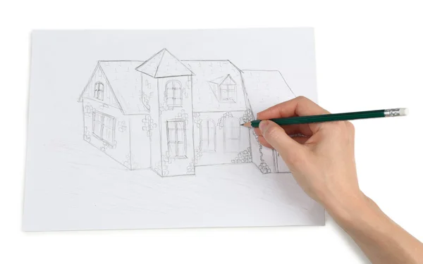 Barn teckning av hus på bord, på nära håll — Stockfoto