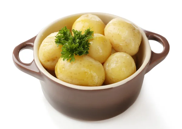 Young boiled potatoes in bowl, isolated on white — Stock Photo, Image