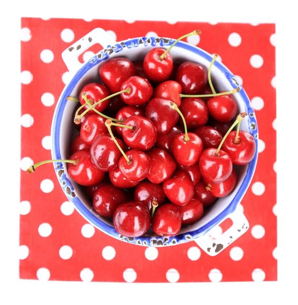 Sweet cherry on color plate isolated on white — Stock Photo, Image