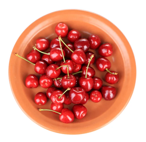 Sweet cherry on color plate isolated on white — Stock Photo, Image