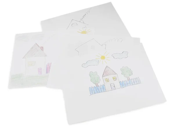 Kids drawing of house on table, close up — Stock Photo, Image