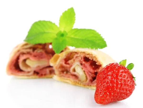 Tasty homemade strudel with fresh strawberry and mint leaves isolated on white — Stock Photo, Image