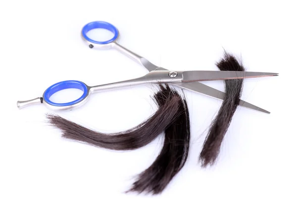 Cut hair and scissors, isolated on white — Stock Photo, Image