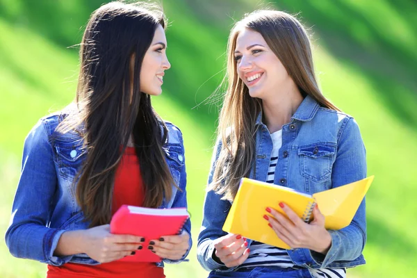 Šťastní studenti sedí v parku — Stock fotografie