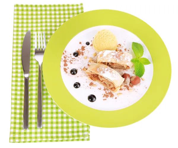 Tasty homemade apple strudel mint leaves and ice-cream on plate isolated on white — Stock Photo, Image