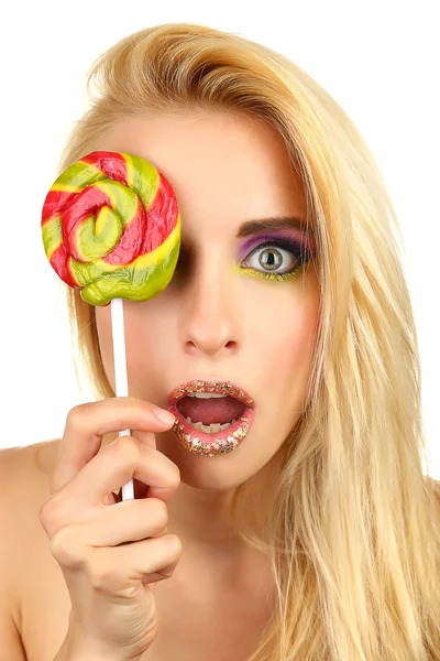 흰색 절연 다채로운 사탕으로 아름 다운 여자 — 스톡 사진