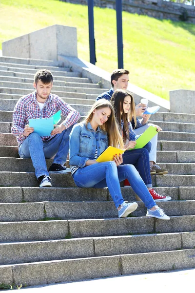 Šťastní studenti sedí na schodech v parku — Stock fotografie