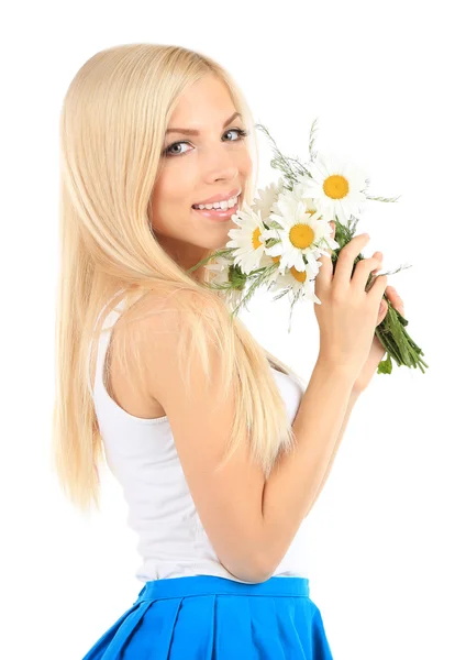 Mulher bonita nova com flores isoladas em branco — Fotografia de Stock