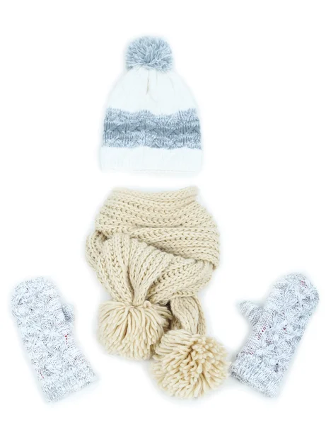 Winter cap, scarf and mittens, isolated on white — Stock Photo, Image