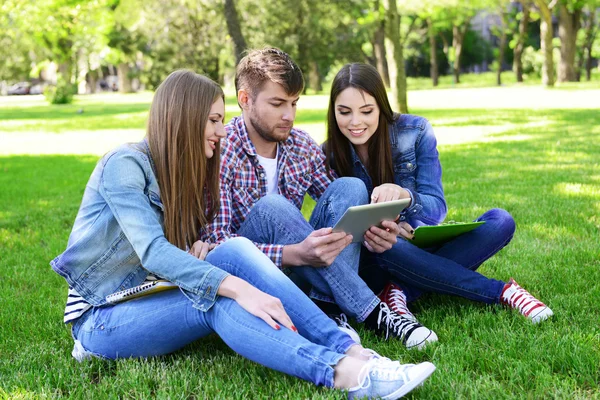 Glückliche Studenten sitzen im Park — Stockfoto