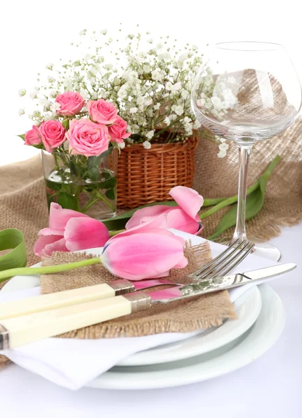 Table setting with spring flowers close up — Stock Photo, Image