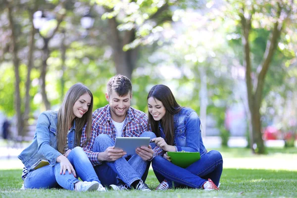 Heureux étudiants assis dans le parc — Photo