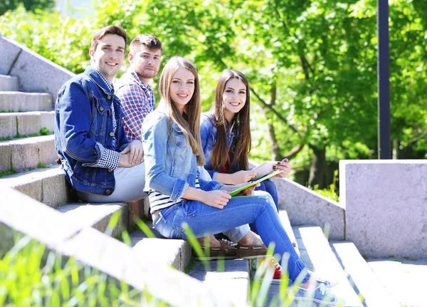 Šťastní studenti sedí na schodech v parku — Stock fotografie