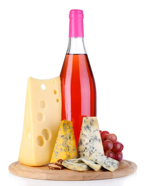 Pink wine and different kinds of cheese isolated on white — Stock Photo, Image