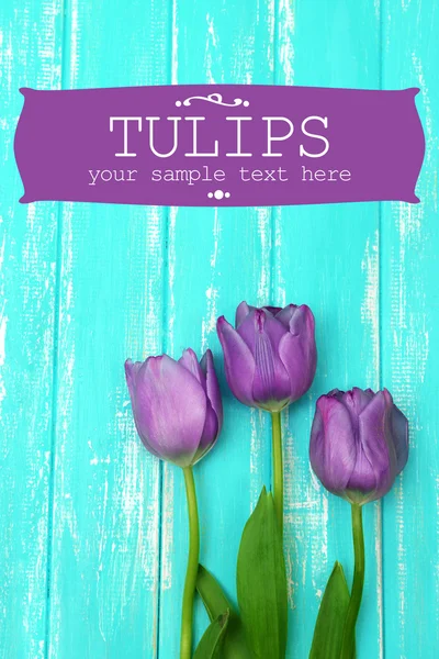 Beautiful tulips on color wooden background — Stock Photo, Image