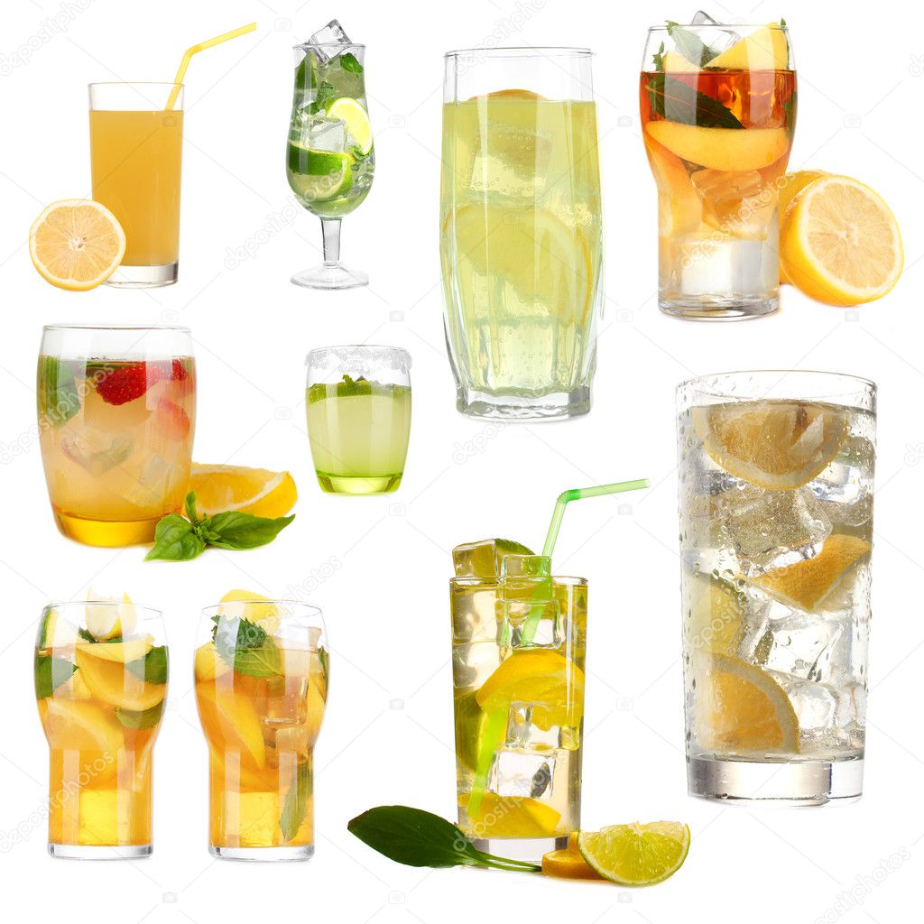 Collage of cold lemonade isolated on white