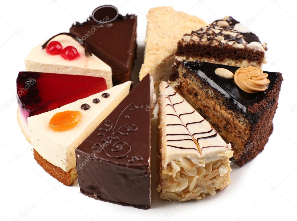 Assortment of pieces of cake, isolated on white