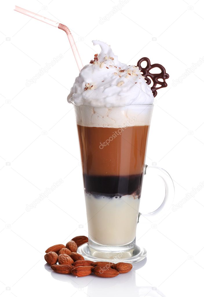 Glass of coffee  with cream and chocolate, isolated on white