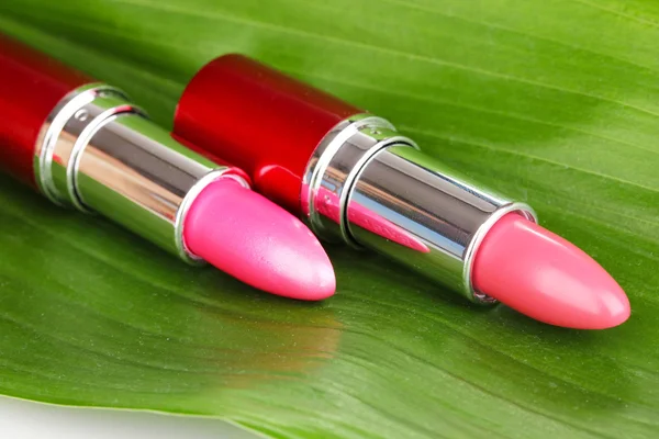 Lipsticks on green leaf close-up — Stock Photo, Image