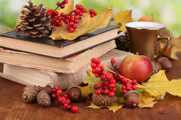 Books and autumn leaves on wooden table on natural background — Stock Photo, Image