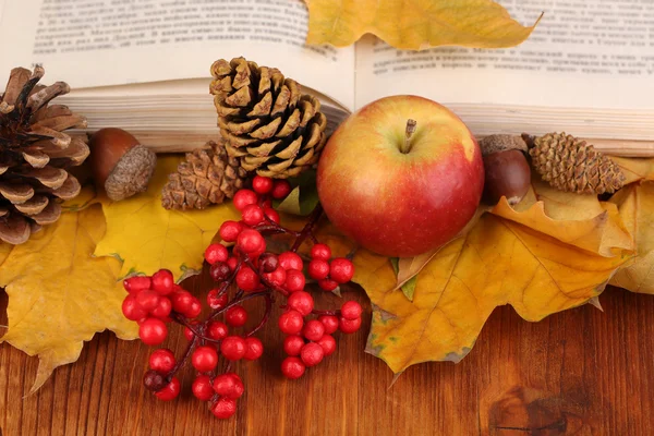 Books and autumn leaves on wooden table close-up — Stock Photo, Image