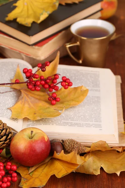 Books and autumn leaves on wooden table close-up — Stock Photo, Image