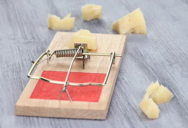 Mausefalle mit Käse auf Holzgrund — Stockfoto