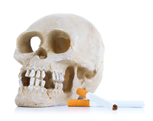 Cráneo con cigarrillo aislado en blanco — Foto de Stock