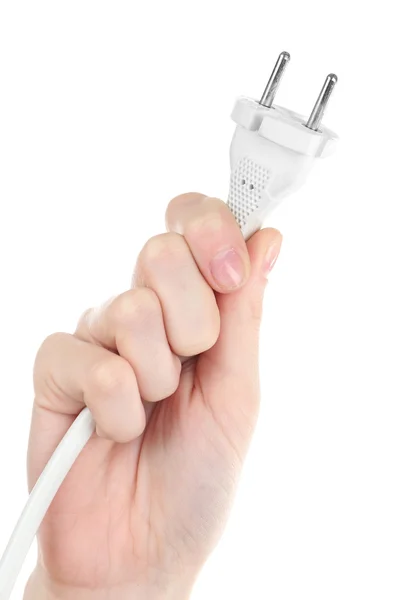 Hand holding electric plug isolated on white — Stock Photo, Image