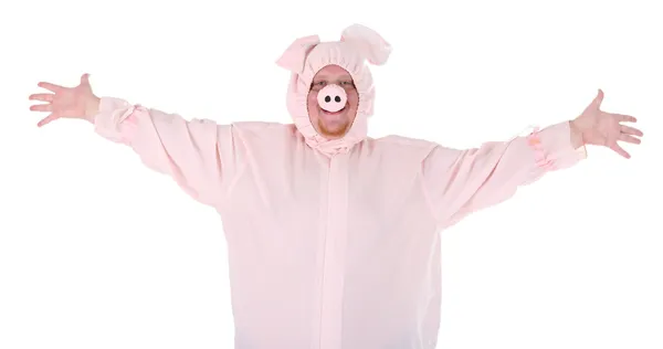 白で隔離される豚の衣装でデブ男 — ストック写真