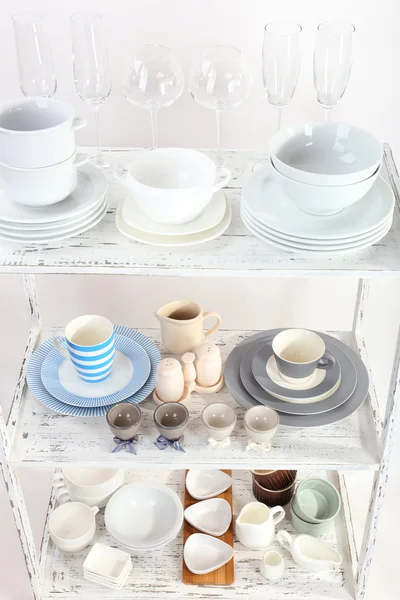 Different tableware on shelf, close up — Stock Photo, Image