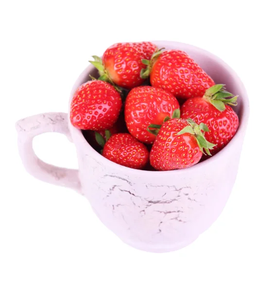 Ripe sweet strawberries in color mug isolated on white — Stock Photo, Image