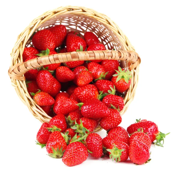 成熟的甜草莓在柳条篮子里，白色衬底上分离 — 图库照片