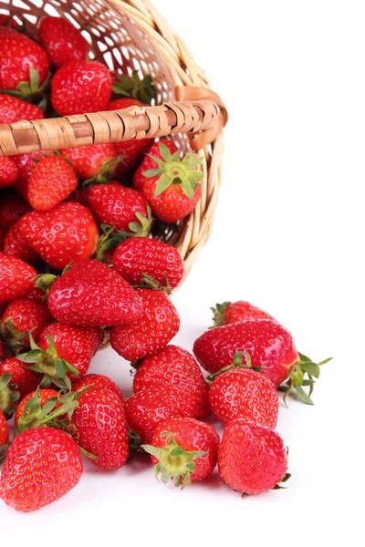 Fresas dulces maduras en canasta de mimbre, aisladas en blanco — Foto de Stock