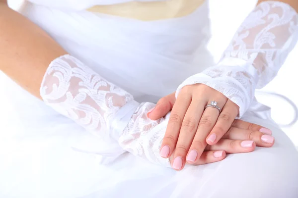 Wedding gloves on hands of bride, close-up — Stock Photo, Image