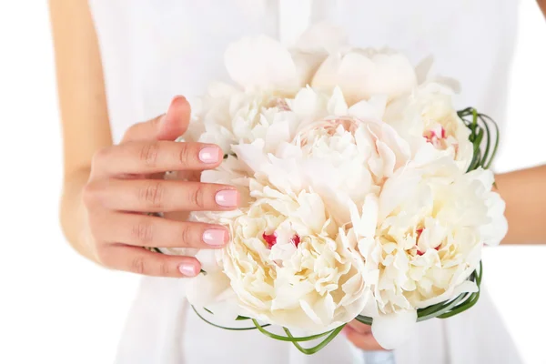 Bride holding wedding bouquet of white peonies, close-up, isolated on white — Stock Photo, Image