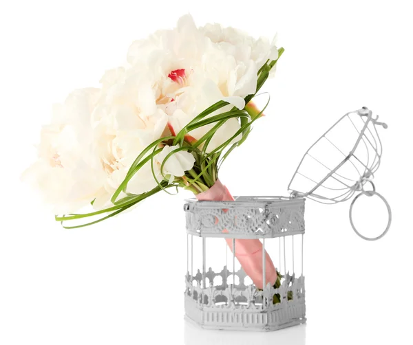 Beautiful wedding bouquet in decorative birdcage isolated on white — Stock Photo, Image