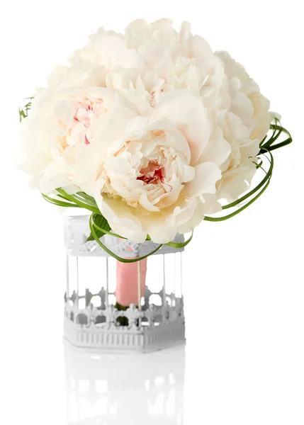 Beautiful wedding bouquet in decorative birdcage isolated on white — Stock Photo, Image