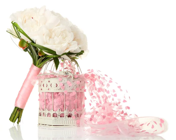 Beautiful wedding bouquet in decorative birdcage isolated on white — Stock Photo, Image