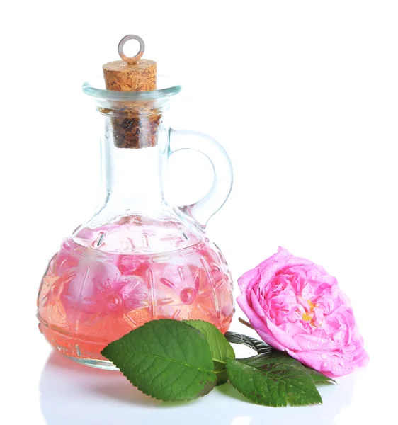 Rose oil in bottle isolated on white — Stock Photo, Image